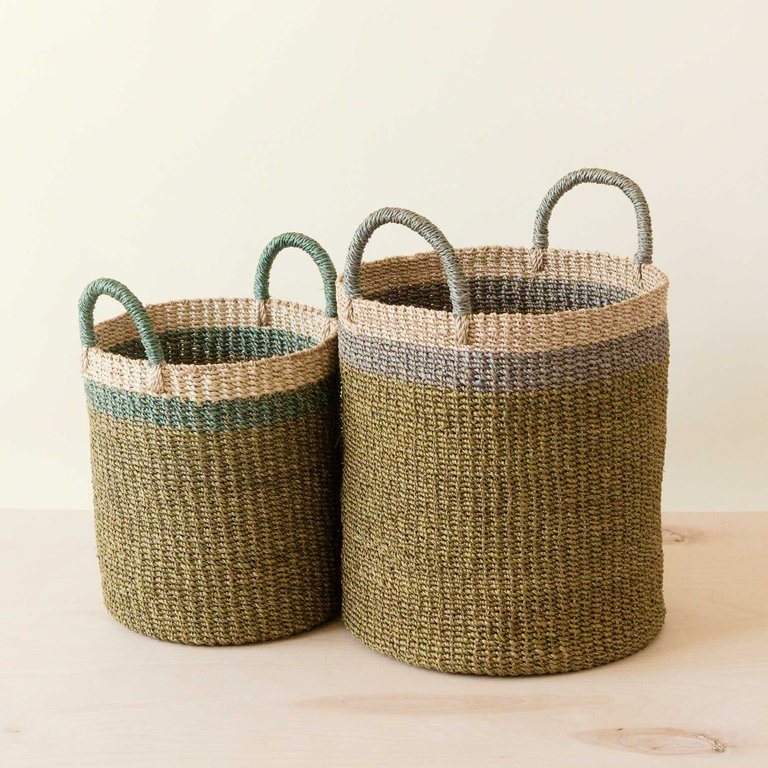 Baskets With Handle, Set Of 2 - Natural Baskets - Olive/Sky Blue/Natural
