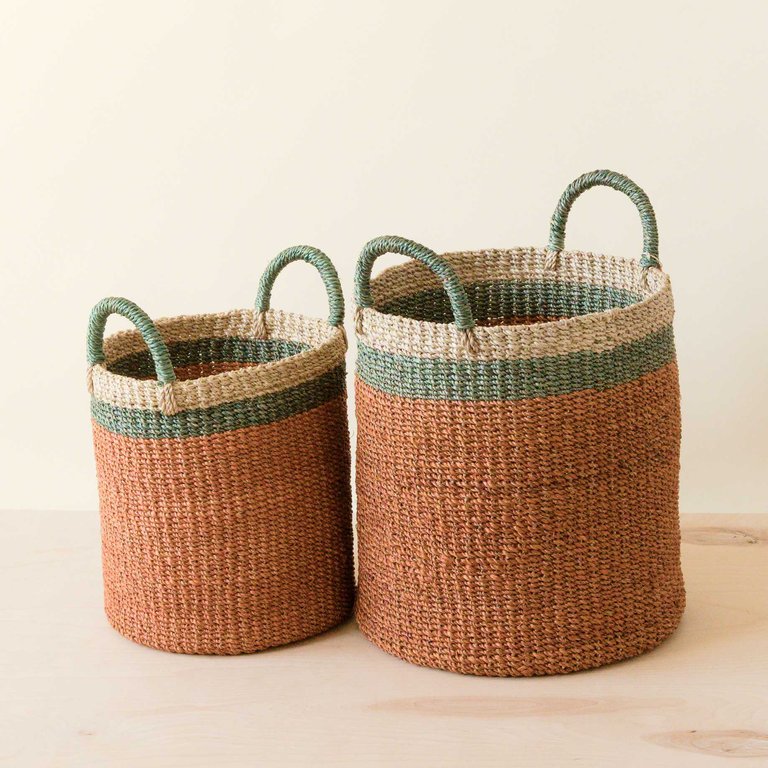 Baskets With Handle, Set Of 2 - Woven Baskets - Coral/Sky Blue/Natural