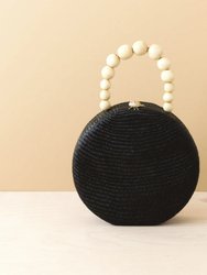 Black Round Classic Handbag With Wood Handle - Straw Bag - Black