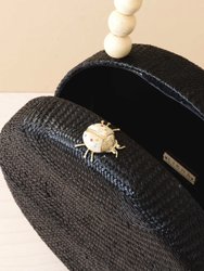 Black Round Classic Handbag With Wood Handle - Straw Bag