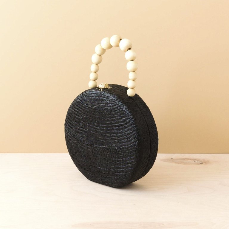 Black Round Classic Handbag With Wood Handle - Straw Bag