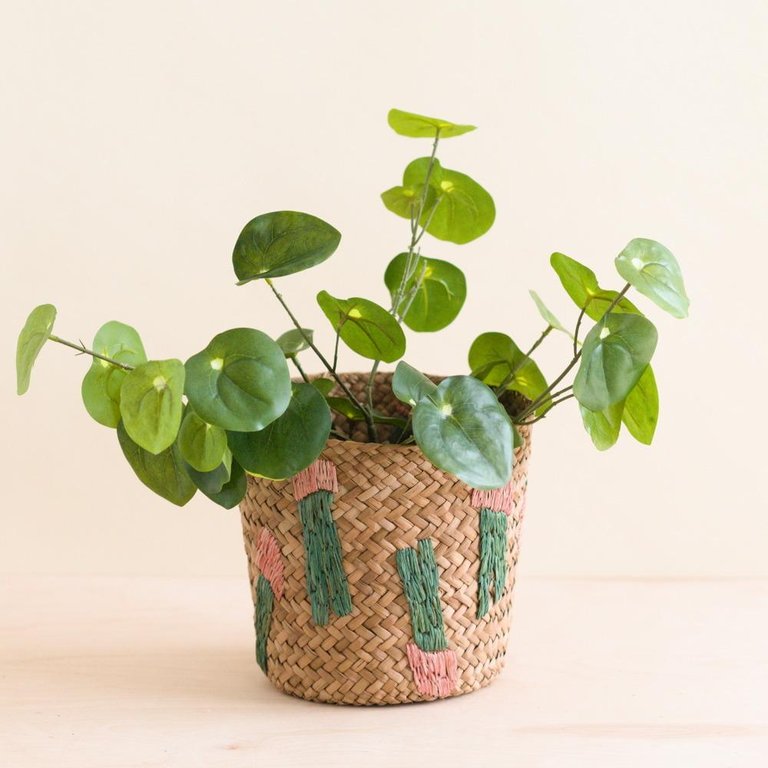 Cactus Embroidery Soft Natural Basket - Handmade Bins