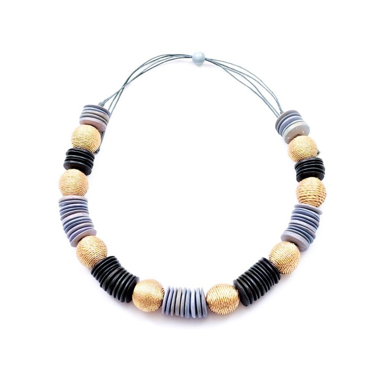 Chunky Wooden Necklace - Grey and Black - Grey/Charcoal/Gold