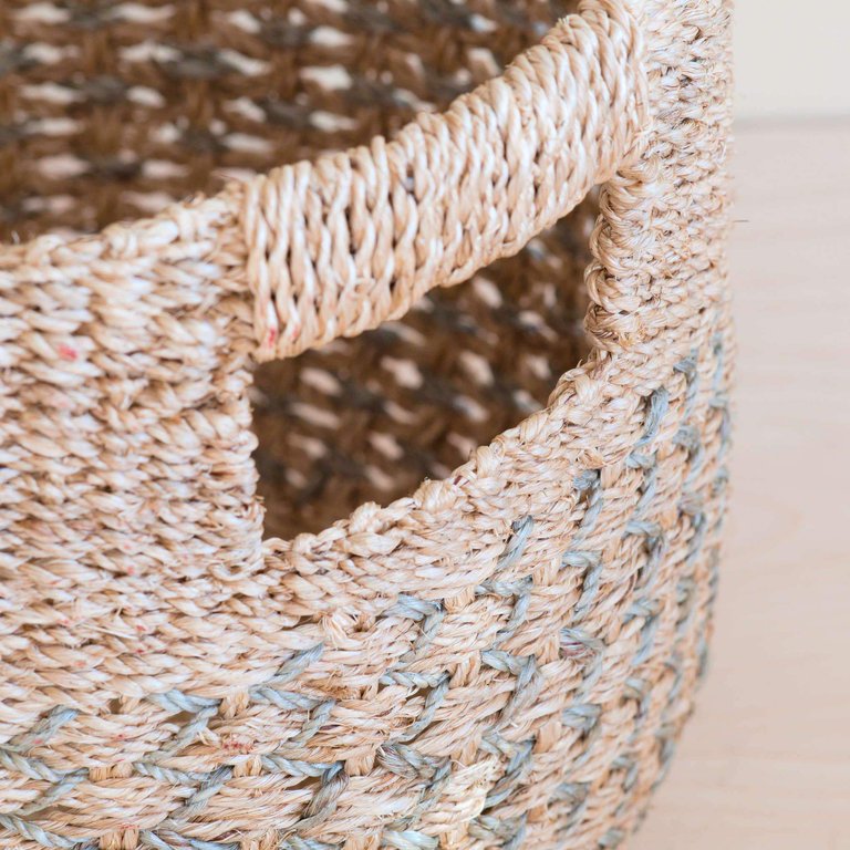 Grey Patterned Round Woven Basket - Handcrafted Bins