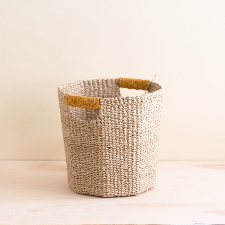 Natural Octagon Basket with Mustard Handle - Handwoven Bin - Natural/Mustard Yellow