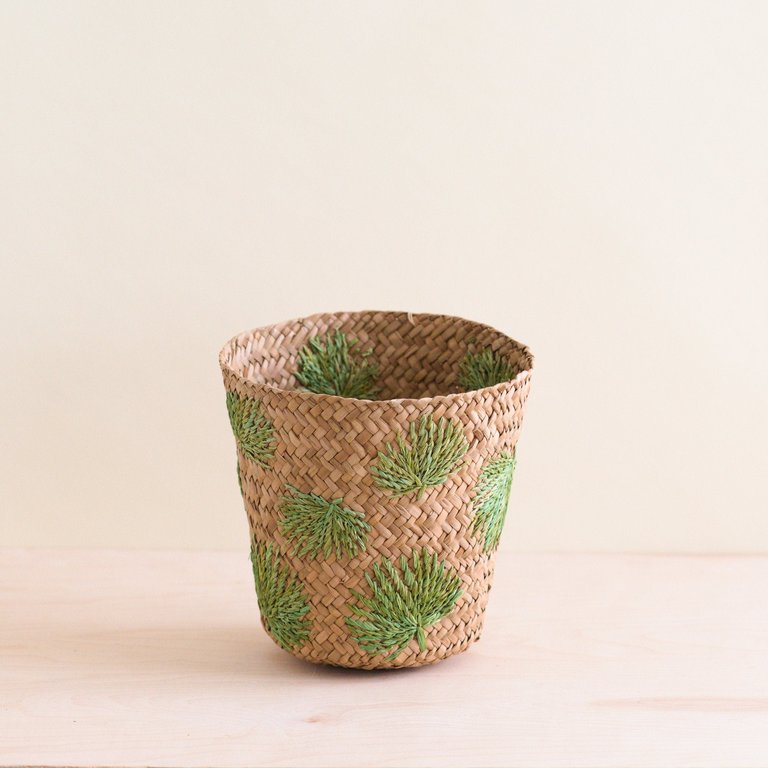 Palm Embroidered Soft Seagrass Basket - Embroidered Baskets - Brown/Green