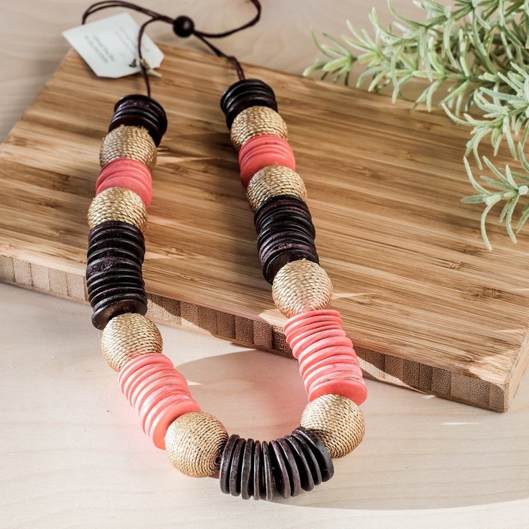 Paparazzi Wooden Necklace - Coral and Burgundy