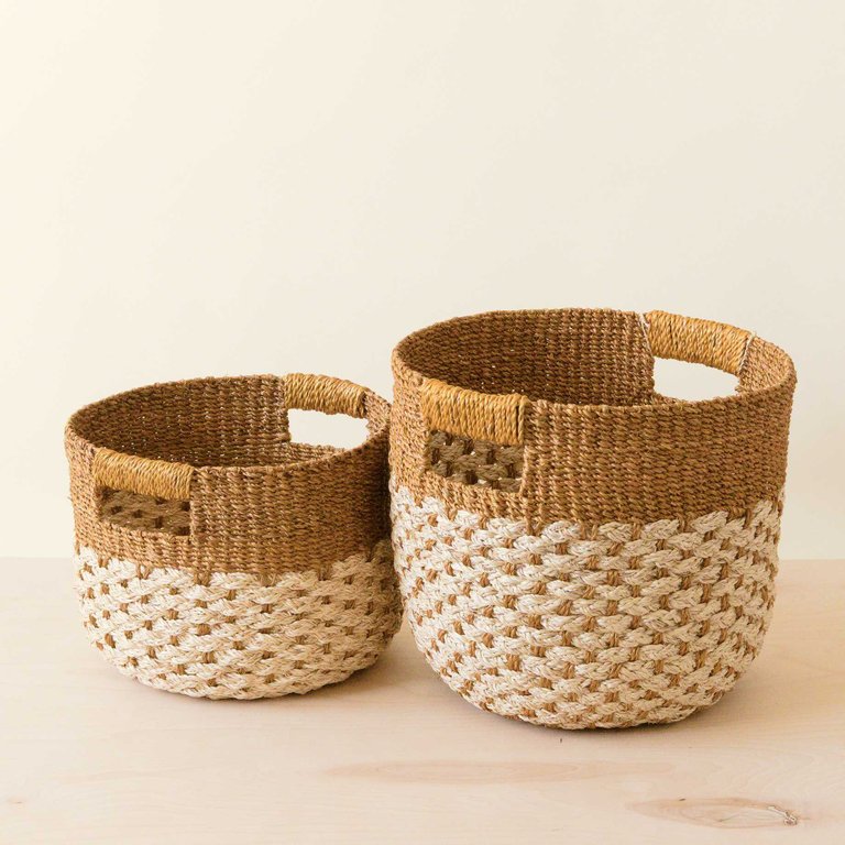  Round Baskets, Set of 2 - Handcrafted Bins - Natural/ Golden Brown