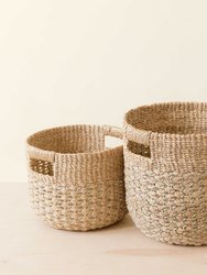 Round Bottom Baskets, Set Of 2 - Woven Baskets - Natural/Light Grey