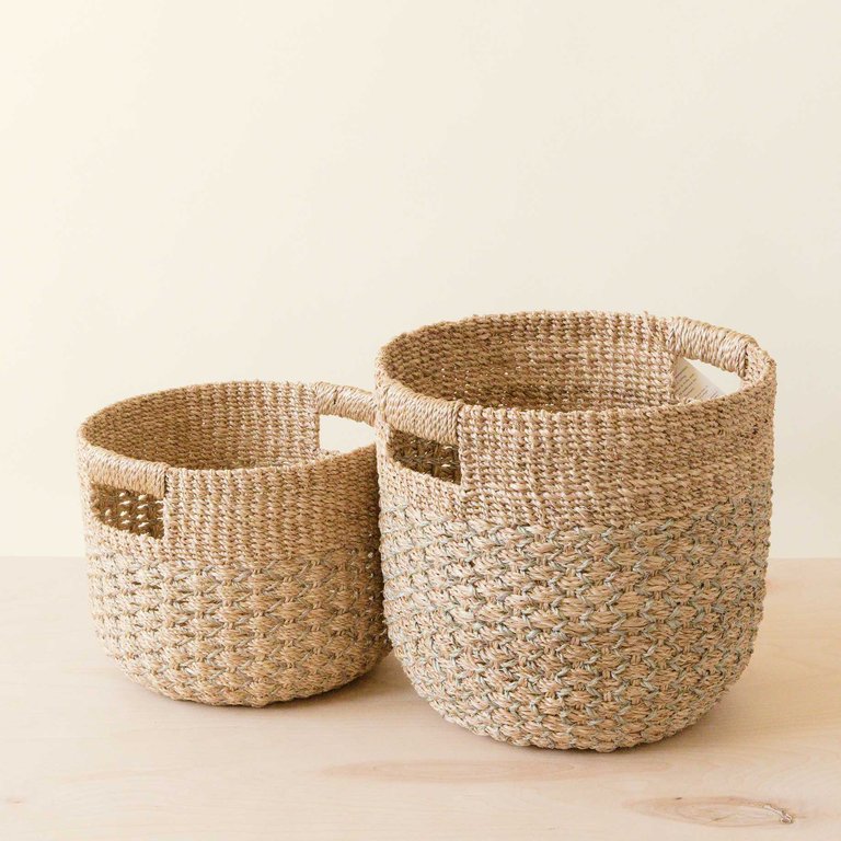 Round Bottom Baskets, Set Of 2 - Woven Baskets - Natural/Light Grey