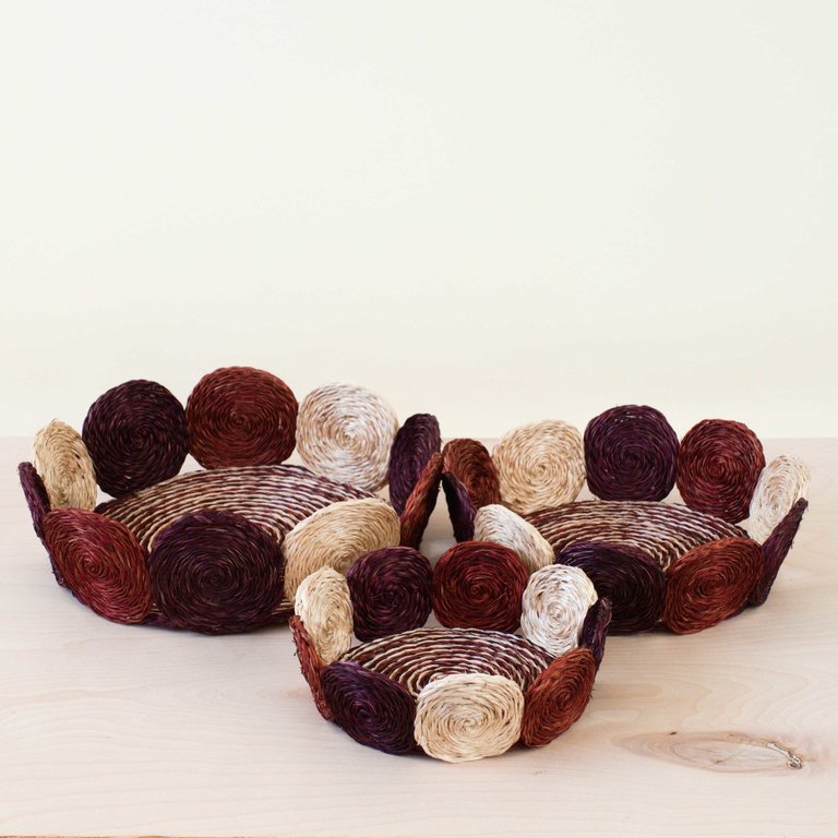 Rust And Mauve Handwoven Storage Basket - Fruit Basket, Set Of 3 - Rust/Mauve/White