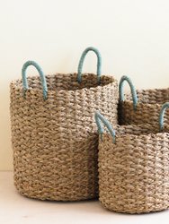Seagrass Woven Baskets With Sky Blue Handle Set Of 3 - Straw Baskets - Natural/Sky Blue