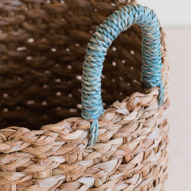 Seagrass Woven Baskets With Sky Blue Handle Set Of 3 - Straw Baskets
