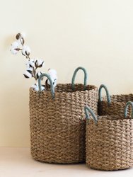 Seagrass Woven Baskets With Sky Blue Handle Set Of 3 - Straw Baskets