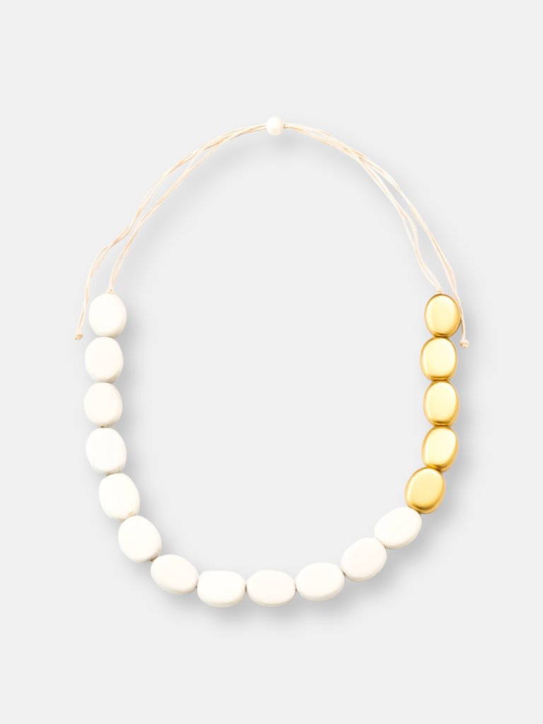 White Wooden Bead Necklace - White and Gold