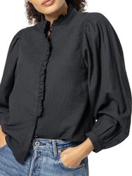 Full Sleeve Ruffle Front Top In Black - Black