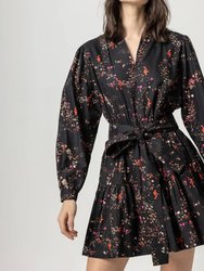 Long Sleeve Split Neck Peplum Dress - Black Floral