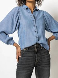 Shirred Sleeve Button Down Top In Washed Chambray - Washed Chambray