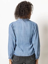 Shirred Sleeve Button Down Top In Washed Chambray