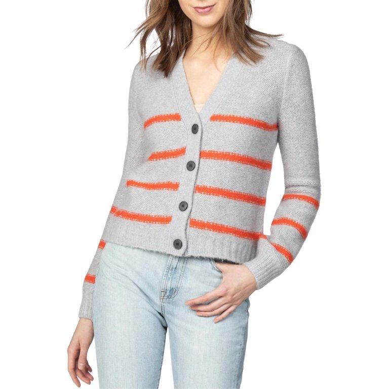 Striped Button Cardigan In Fog/scarlet - Fog/scarlet