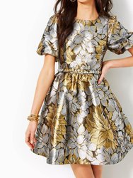 Priyanka Short Sleeve Floral Jacquard Dress - Gold Metallic Peony Parade Brocade