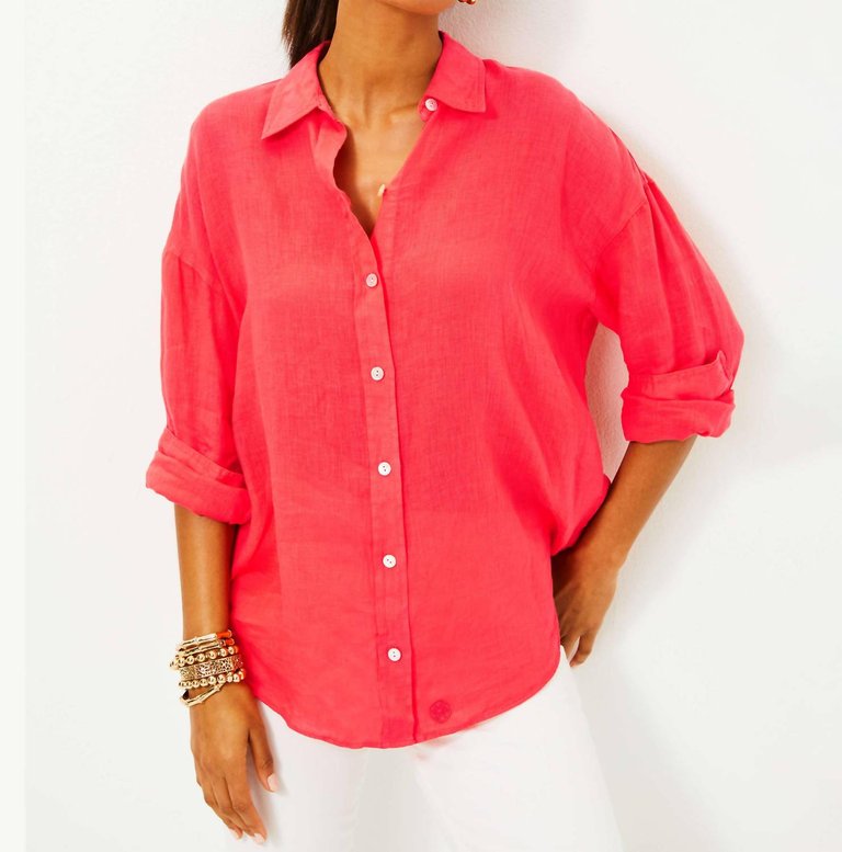 Stevey Relaxed Button Down Linen Shirt In Mizner Red