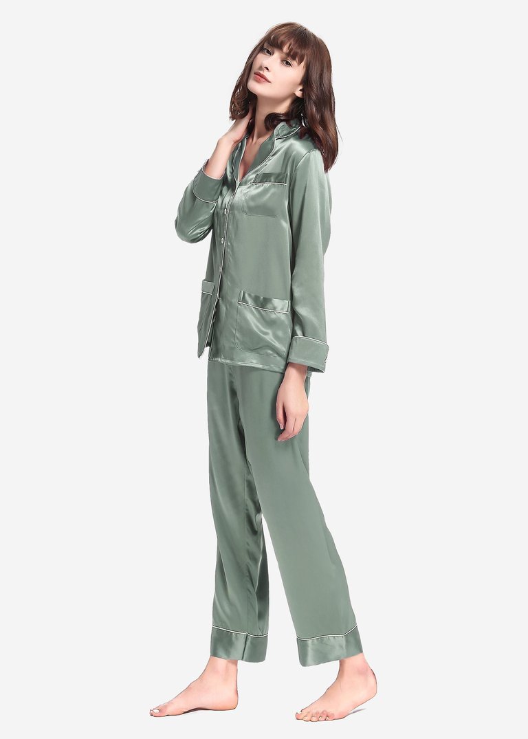 22 Momme Chic Trimmed Silk Pajamas Set - Avocado Green - Avocado Green