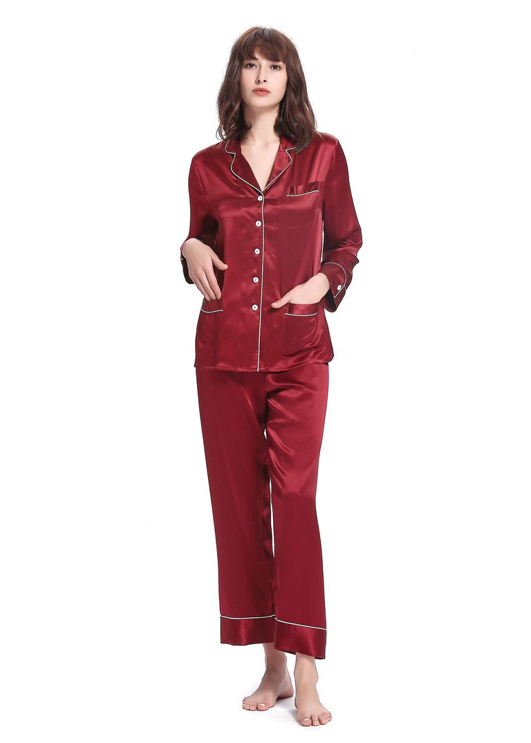 22 Momme Chic Trimmed Silk Pajamas Set - Claret 