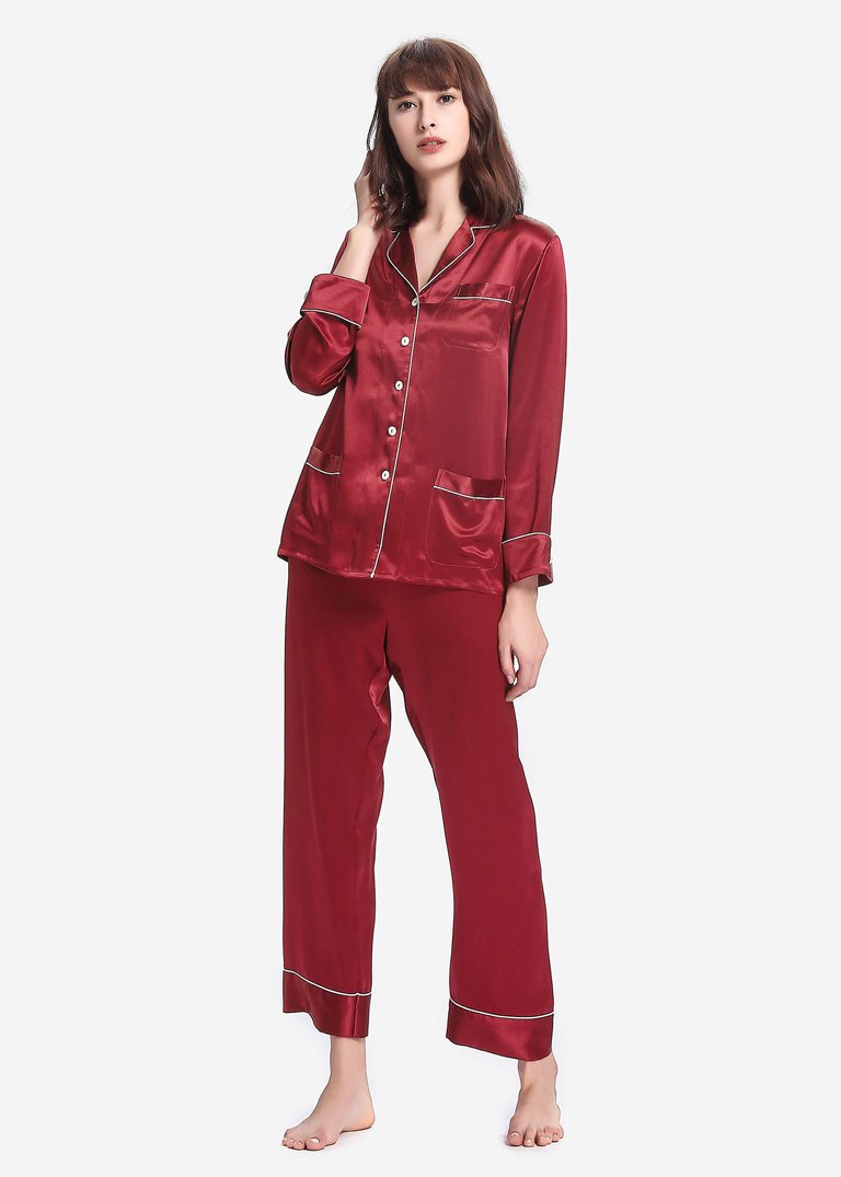 22 Momme Chic Trimmed Silk Pajamas Set - Claret  - Claret