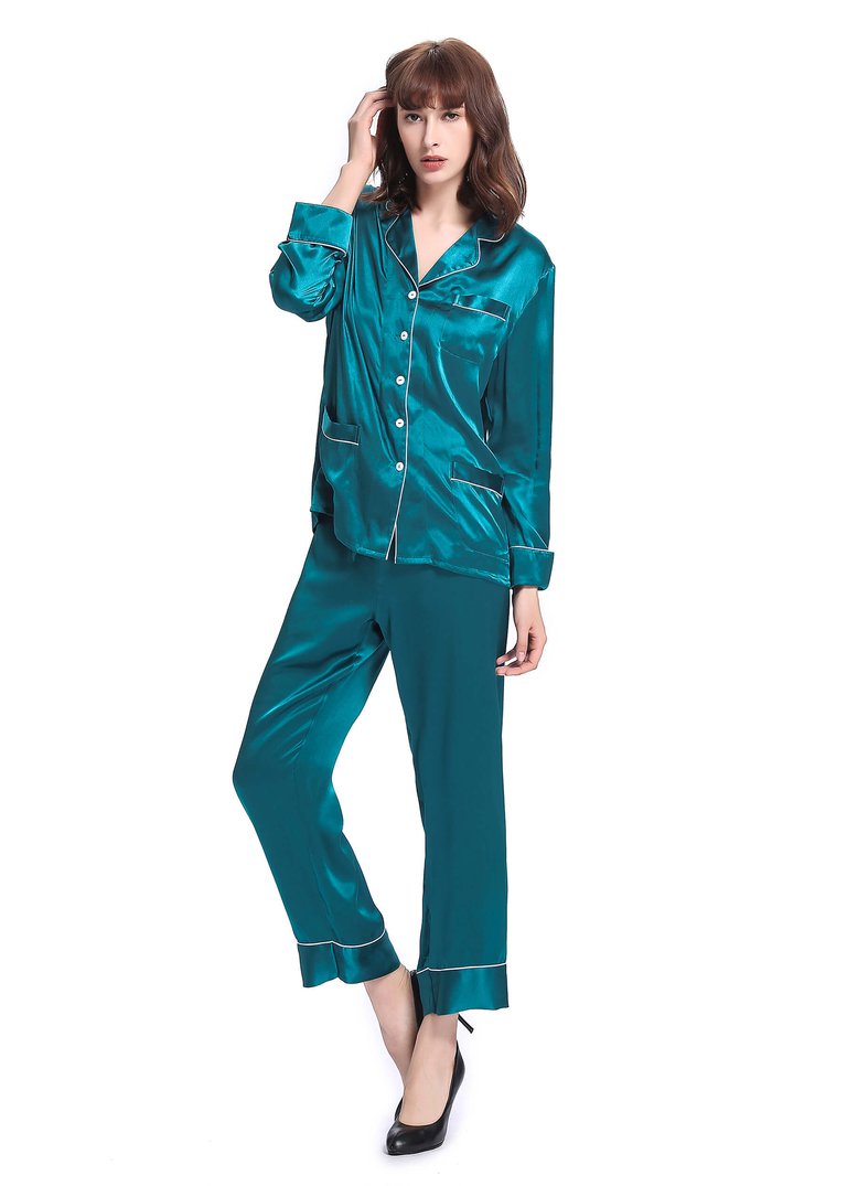 22 Momme Chic Trimmed Silk Pajamas Set - Dark Teal 