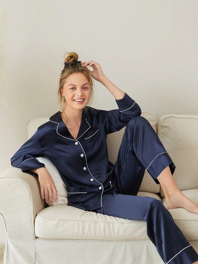 LILYSILK 22 Momme Chic Trimmed Silk Pajamas Set - Navy Blue product
