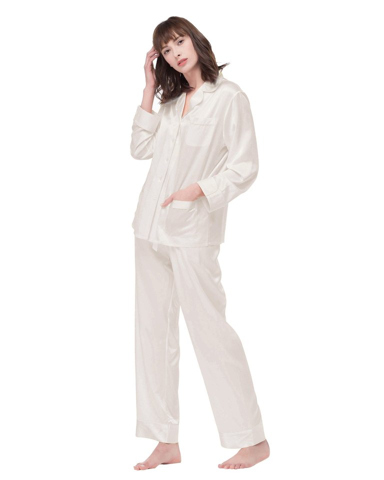 22 Momme Chic Trimmed Silk Pajamas Set - Natural White