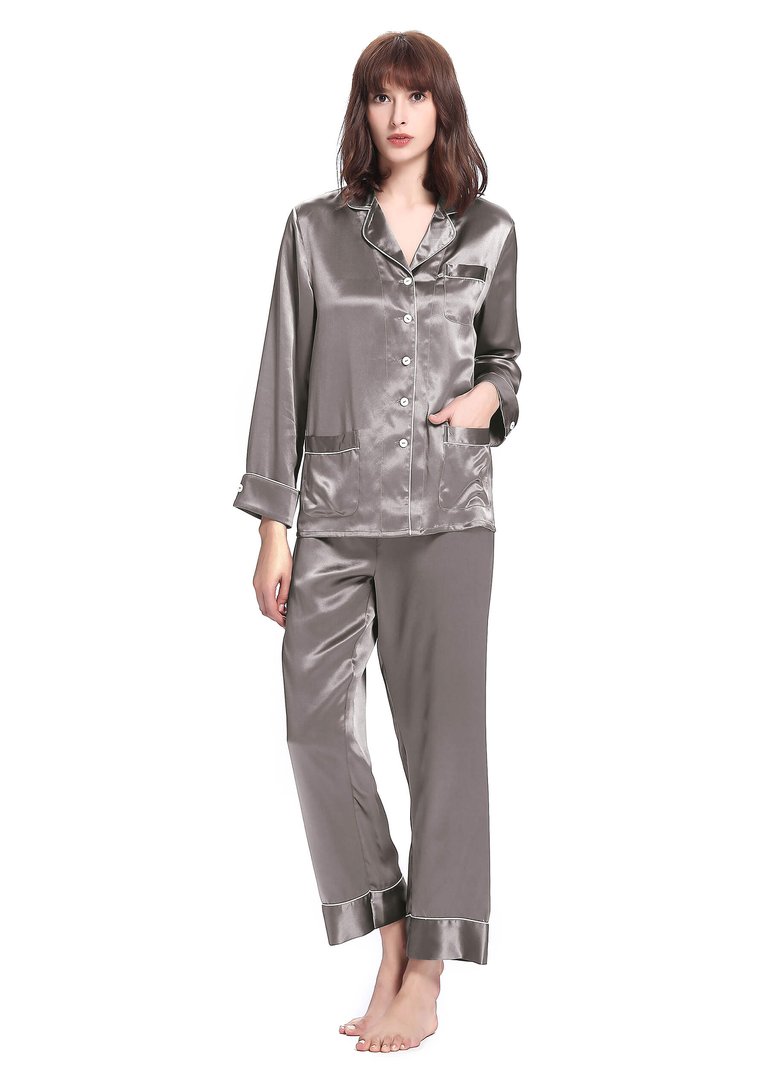 22 Momme Chic Trimmed Silk Pajamas Set - Dark Gray