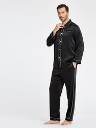 22 Momme Unique Silk Pajamas Set with Double Row Pipping - Black