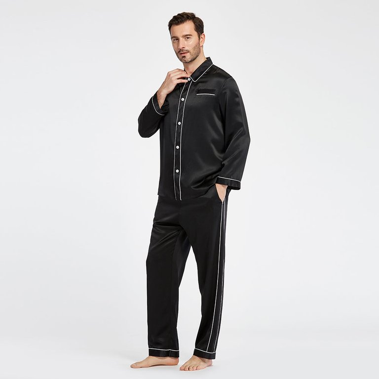 22 Momme Unique Silk Pajamas Set with Double Row Pipping - Black