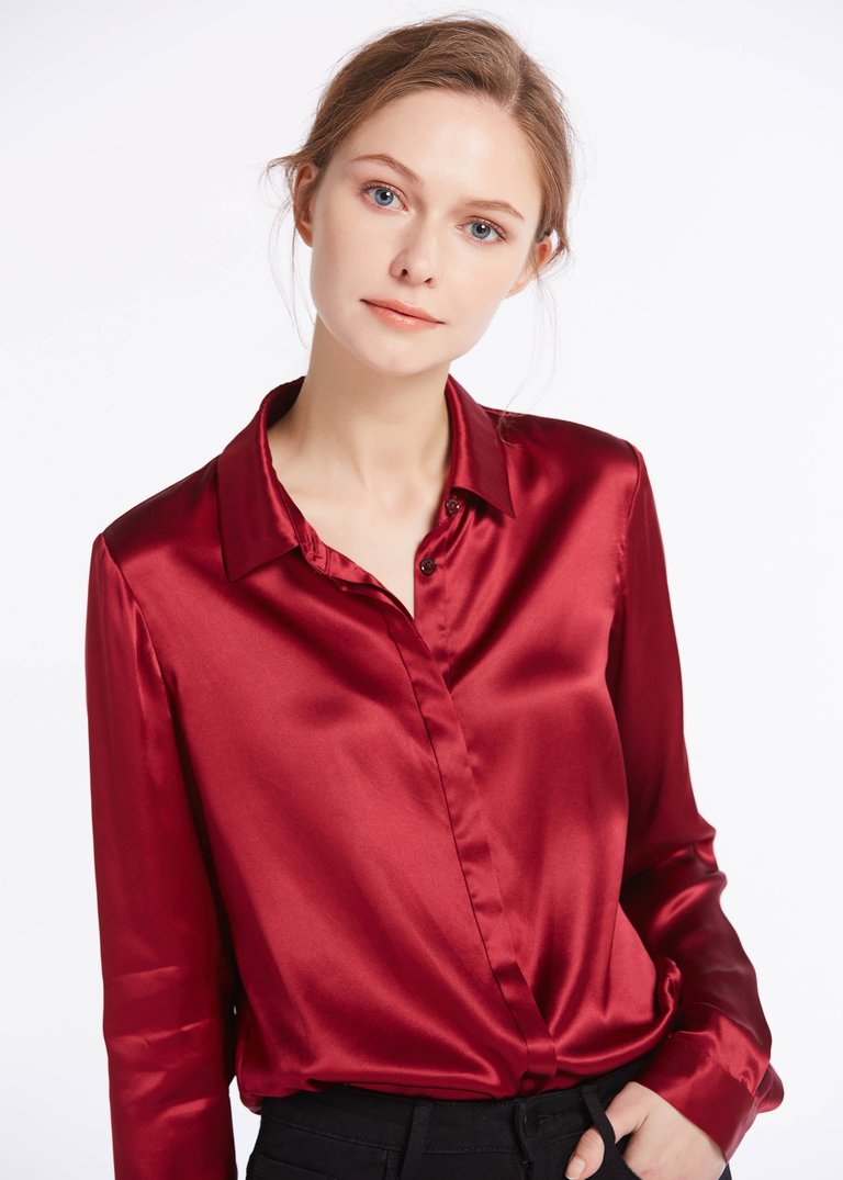 Basic Concealed Placket Silk Shirt - Claret 