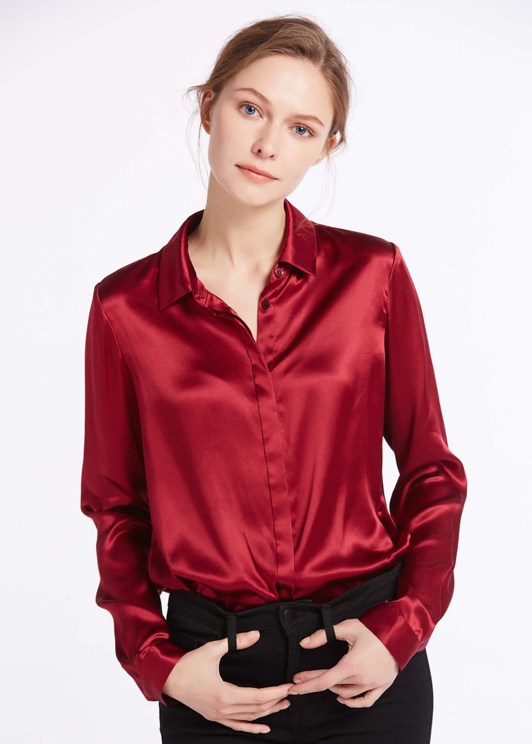 Basic Concealed Placket Silk Shirt - Claret  - Claret