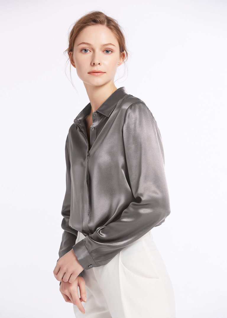 Basic Concealed Placket Silk Shirt - Dark Gray