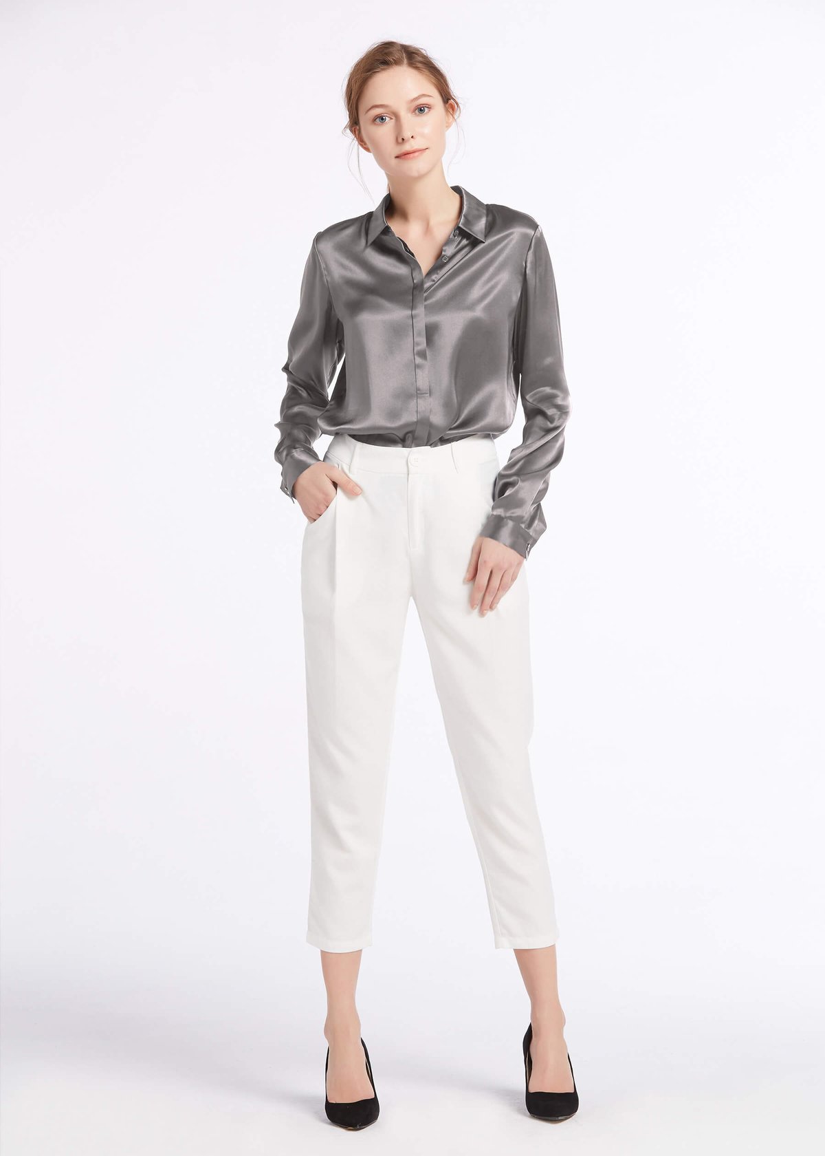 Basic Concealed Placket women Silk Shirt