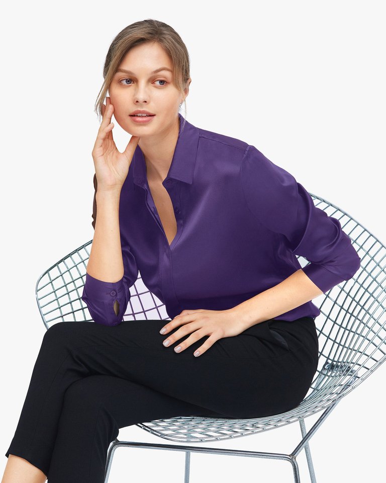 Basic Concealed Placket Silk Shirt - Deep Purple  - Deep Purple