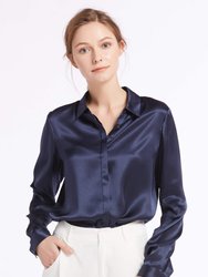 Basic Concealed Placket Silk Shirt - Navy Blue - Navy Blue