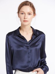 Basic Concealed Placket Silk Shirt - Navy Blue