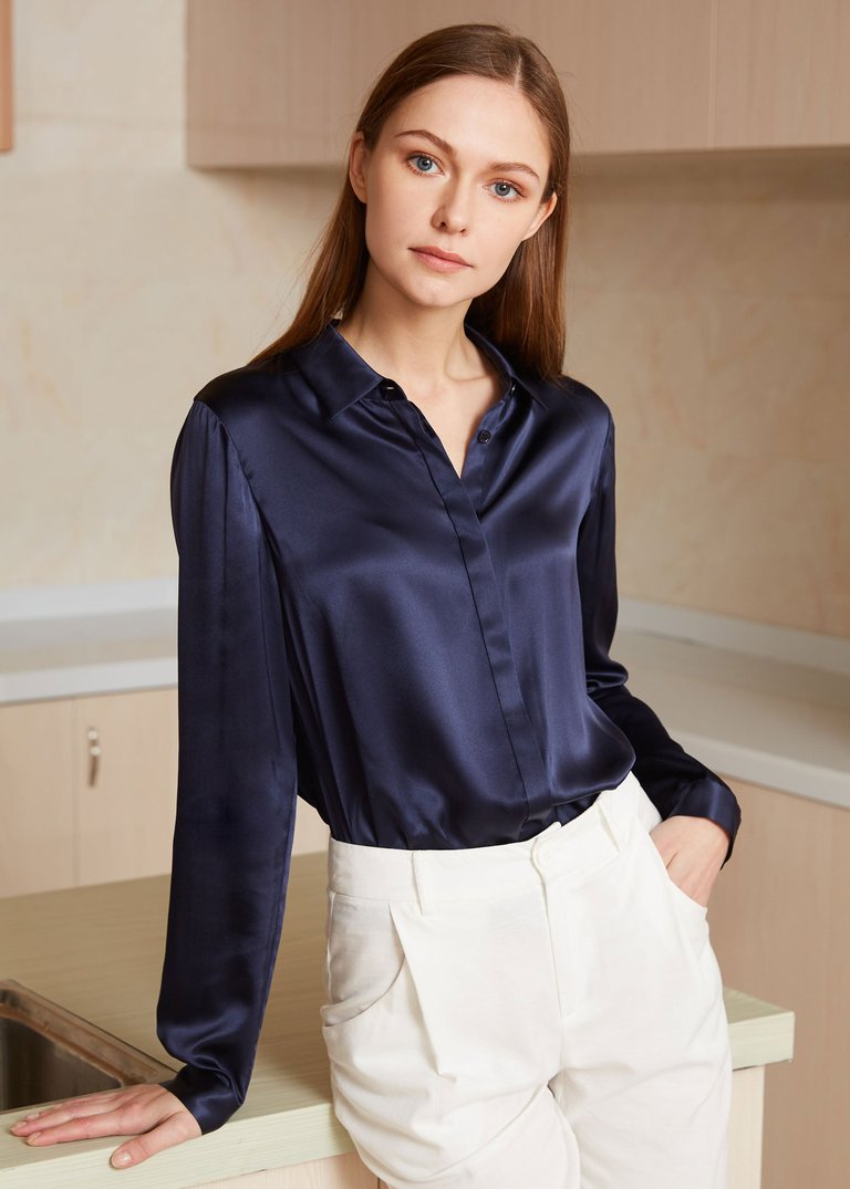 Basic Concealed Placket Silk Shirt - Navy Blue - Navy Blue