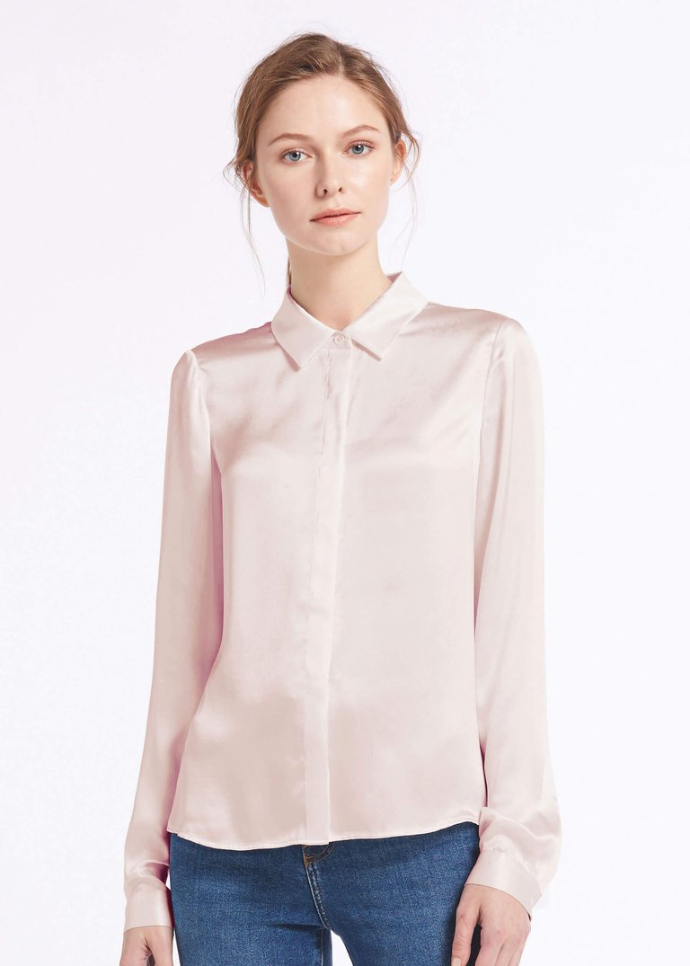 Basic Concealed Placket Silk Shirt - Pale Pink