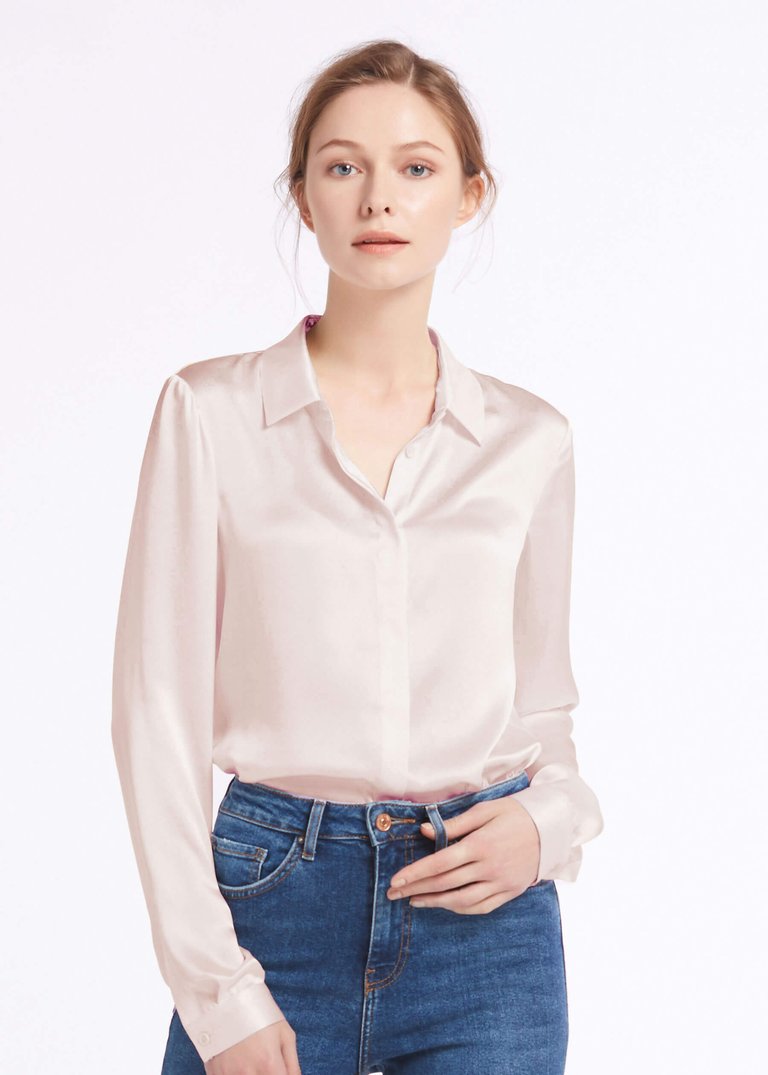 Basic Concealed Placket Silk Shirt - Pale Pink