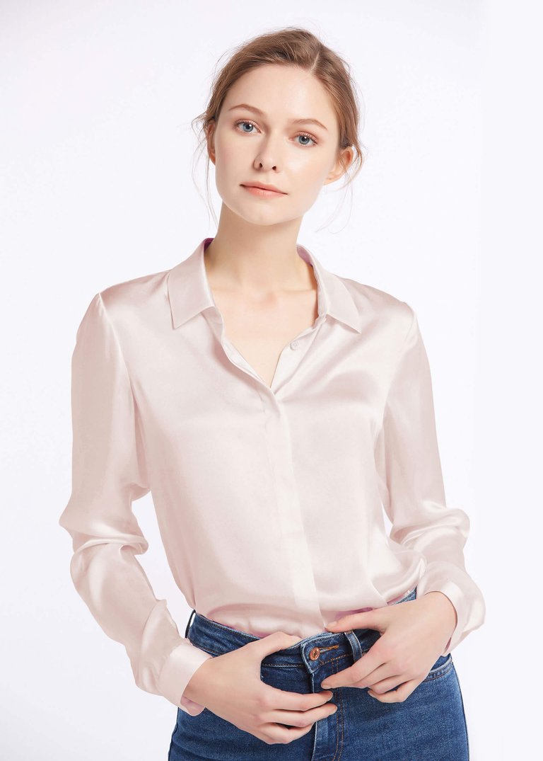 Basic Concealed Placket Silk Shirt - Pale Pink - Pale Pink