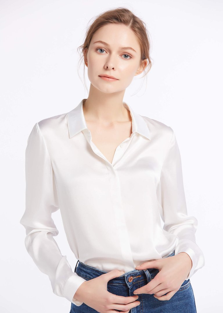 Basic Concealed Placket Silk Shirt - White  - White