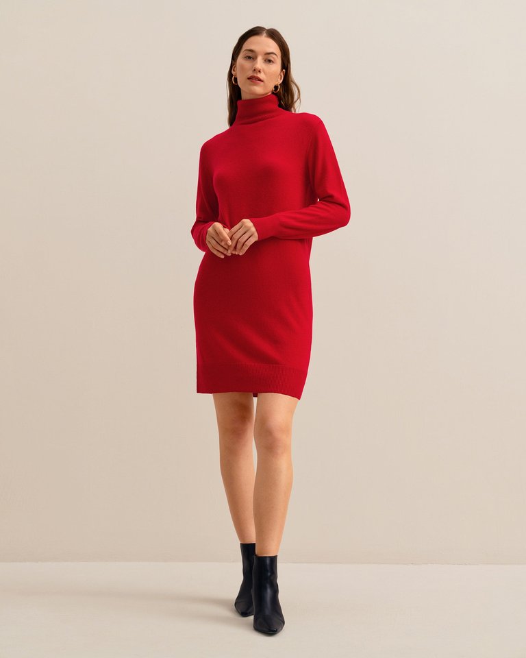 Classic Turtleneck Cashmere Dress- Cherry-Red