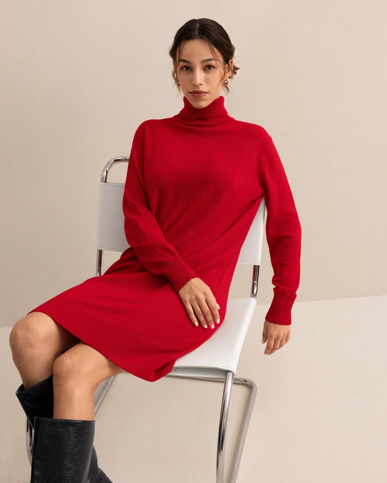 Classic Turtleneck Cashmere Dress- Cherry-Red - Cherry-Red