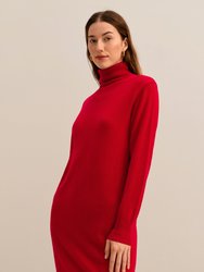 Classic Turtleneck Cashmere Dress- Cherry-Red